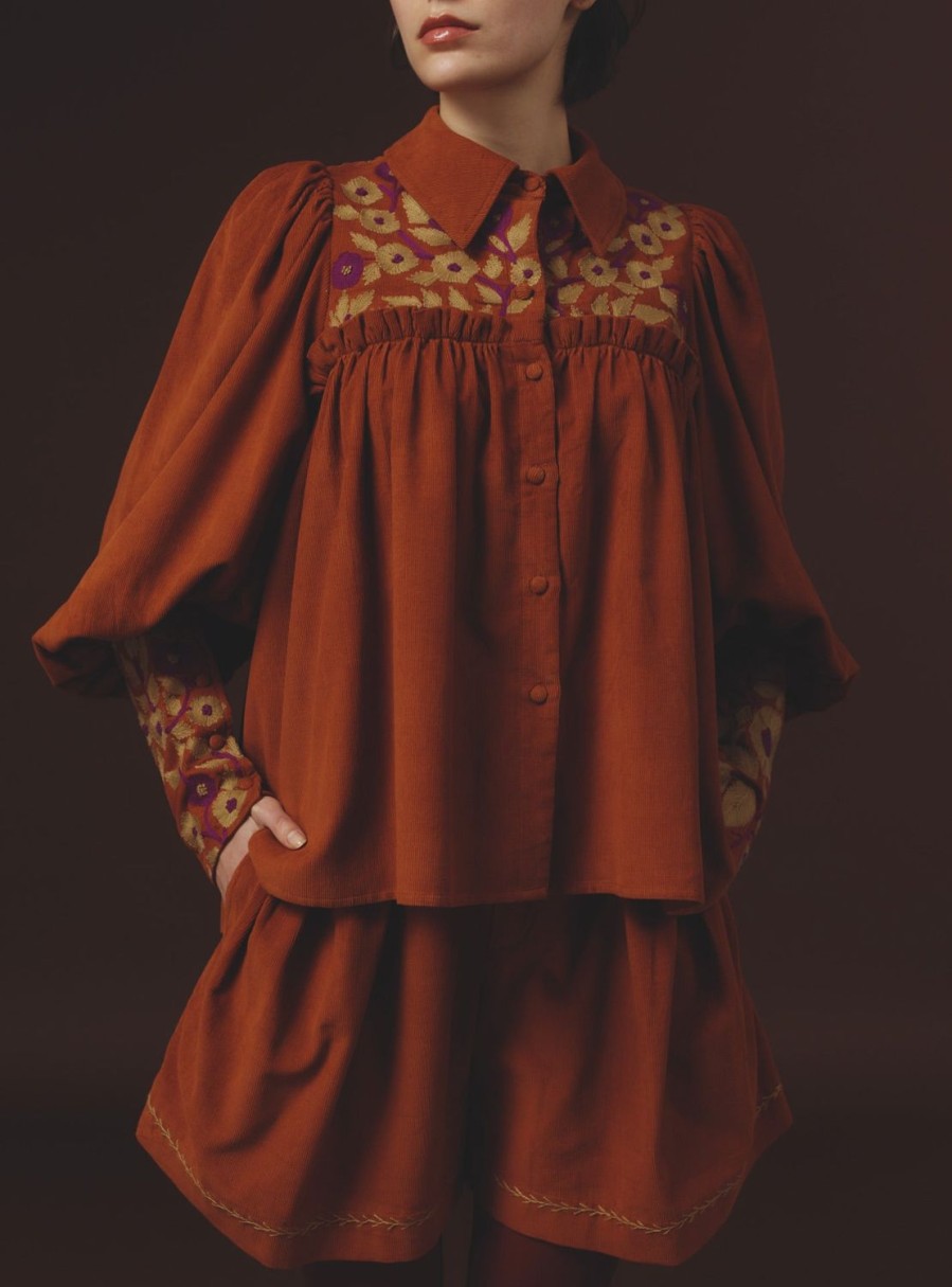 Tops Thierry Colson | Wallis Blouse - Embroidered Corduroy Burnt Orange