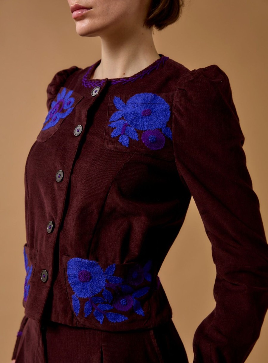 Tops Thierry Colson | Arabella Jacket - Embroidered Corduroy Chocolate / Cobalt & Purple