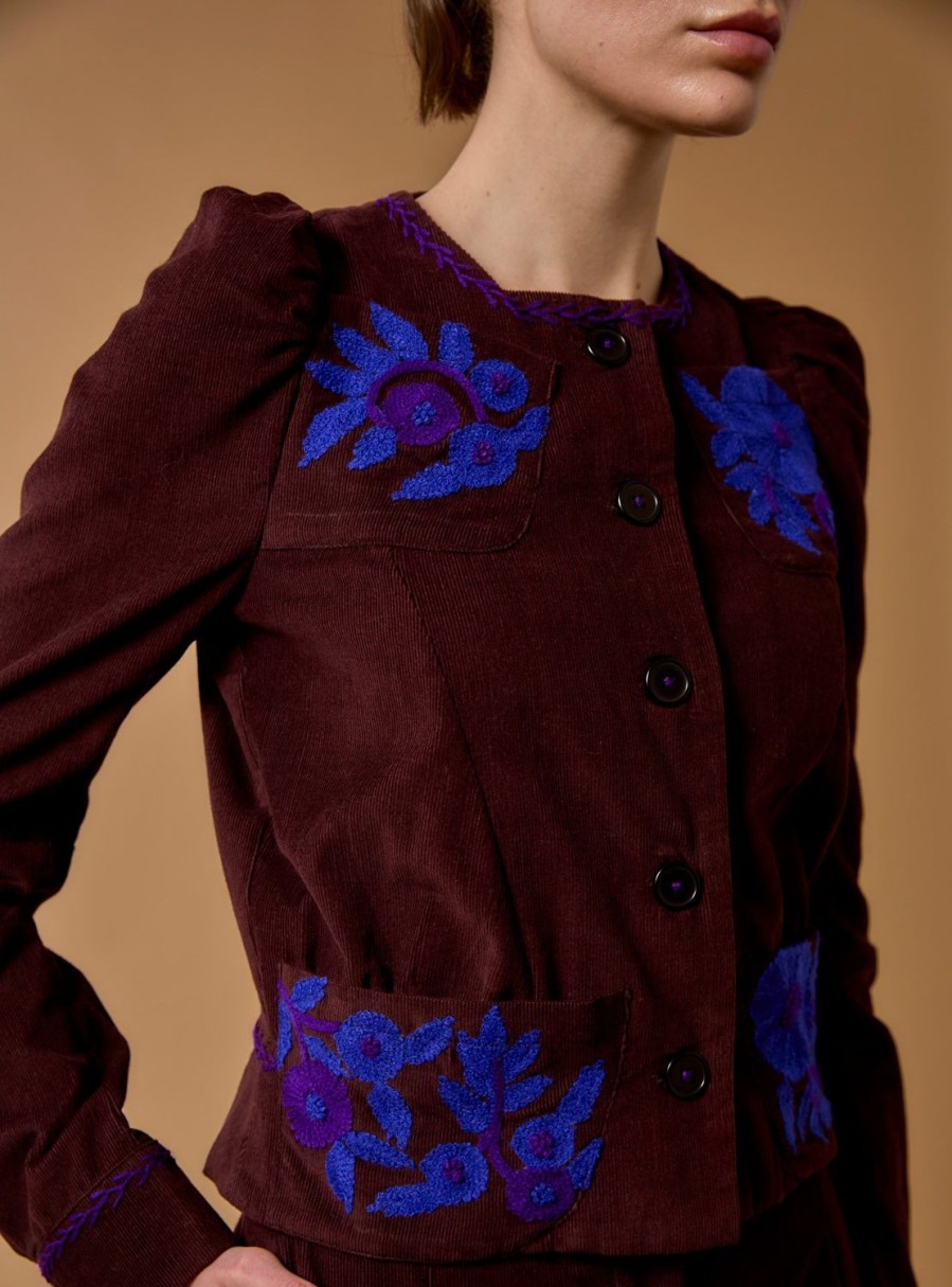 Tops Thierry Colson | Arabella Jacket - Embroidered Corduroy Chocolate / Cobalt & Purple