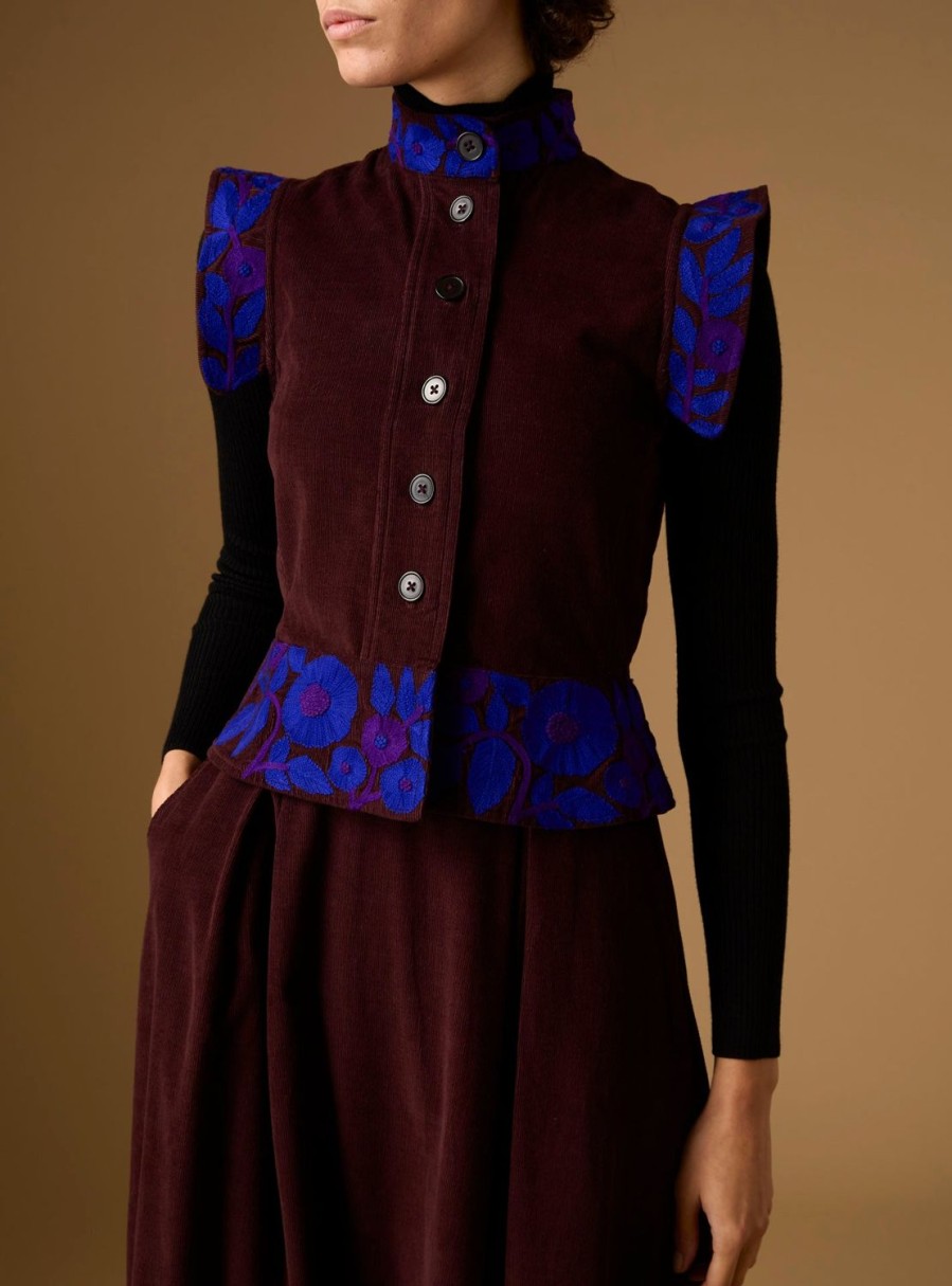 Tops Thierry Colson | Yael Vest - Embroidered Corduroy - Chocolate/Cobalt&Purple Chocolate / Cobalt & Purple