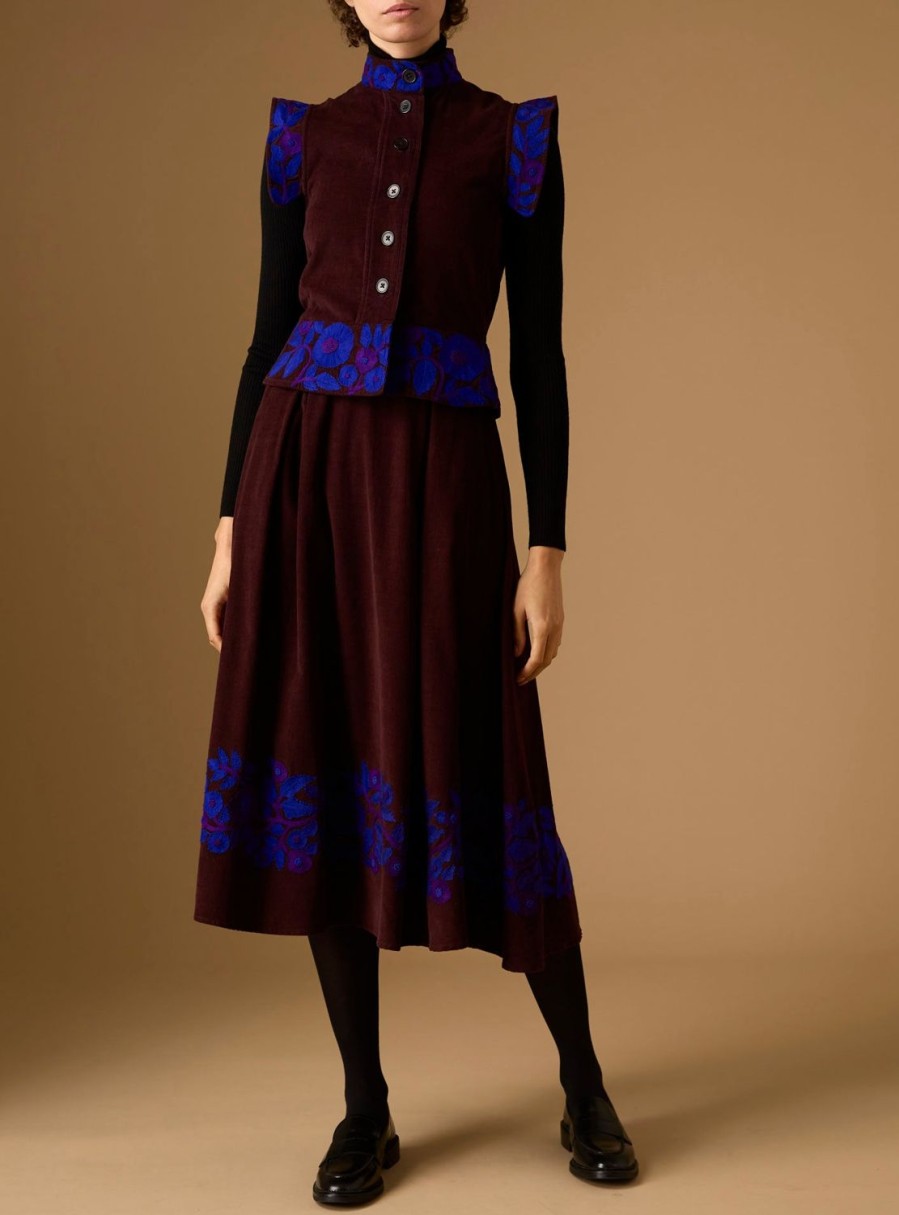 Tops Thierry Colson | Yael Vest - Embroidered Corduroy - Chocolate/Cobalt&Purple Chocolate / Cobalt & Purple