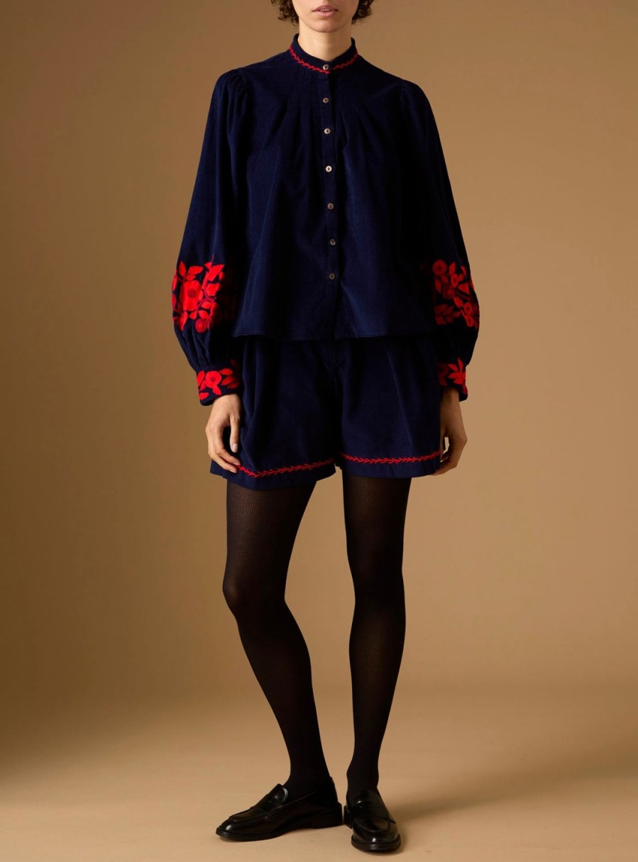 Tops Thierry Colson | Yana Blouse - Embroidered Corduroy Navy / Red