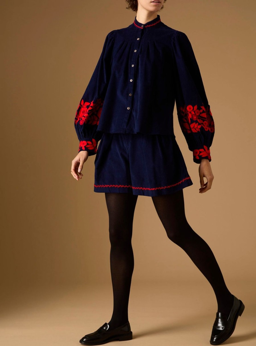 Tops Thierry Colson | Yana Blouse - Embroidered Corduroy Navy / Red