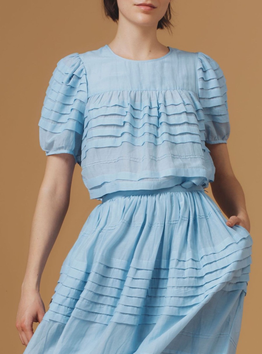 Tops Thierry Colson | Olympia Top - Optical Pleats Heaven Blue