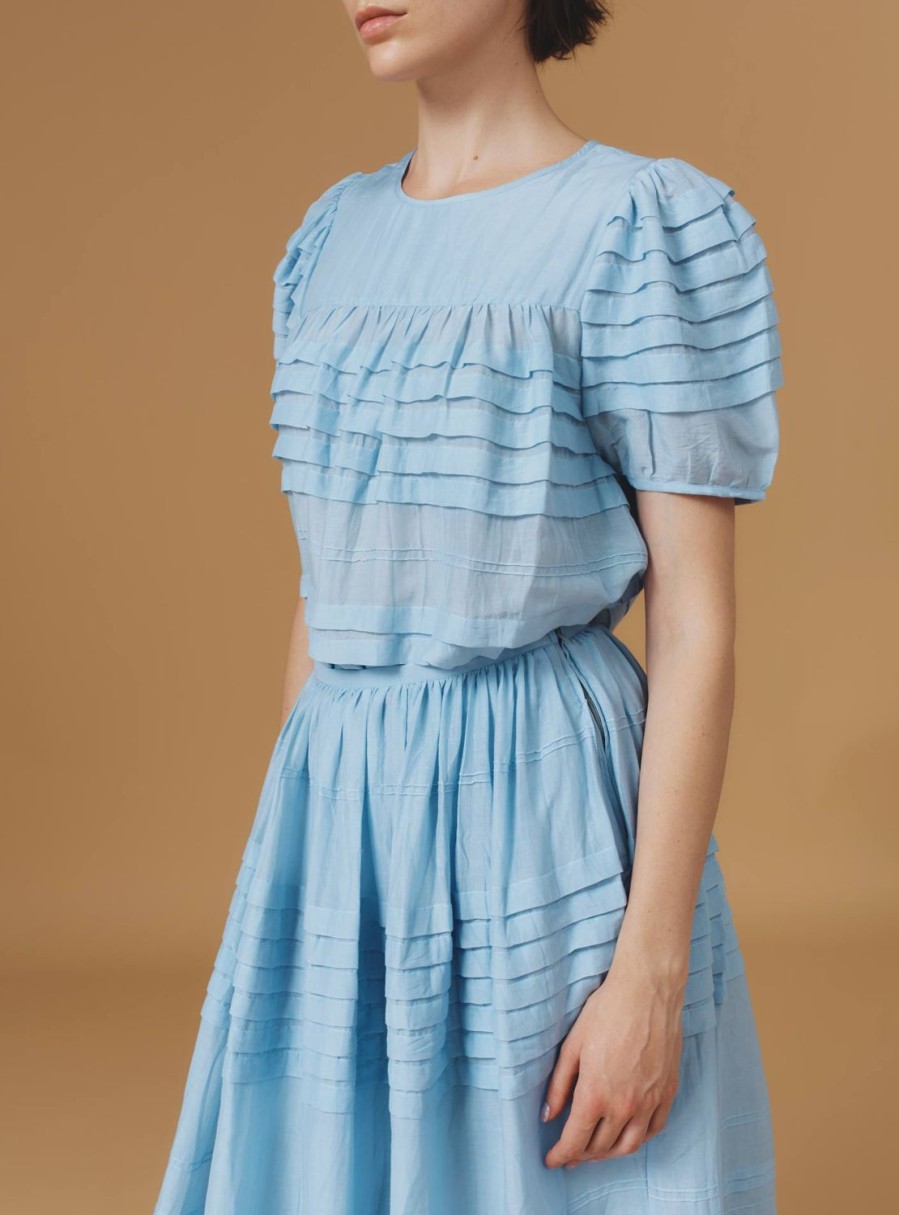 Tops Thierry Colson | Olympia Top - Optical Pleats Heaven Blue