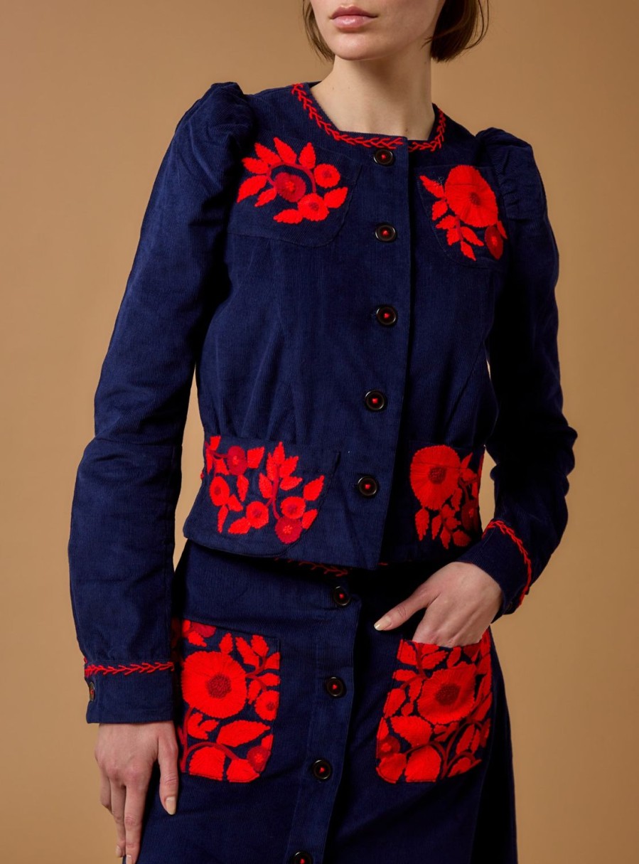 Tops Thierry Colson | Arabella Jacket - Embroidered Corduroy Navy / Red