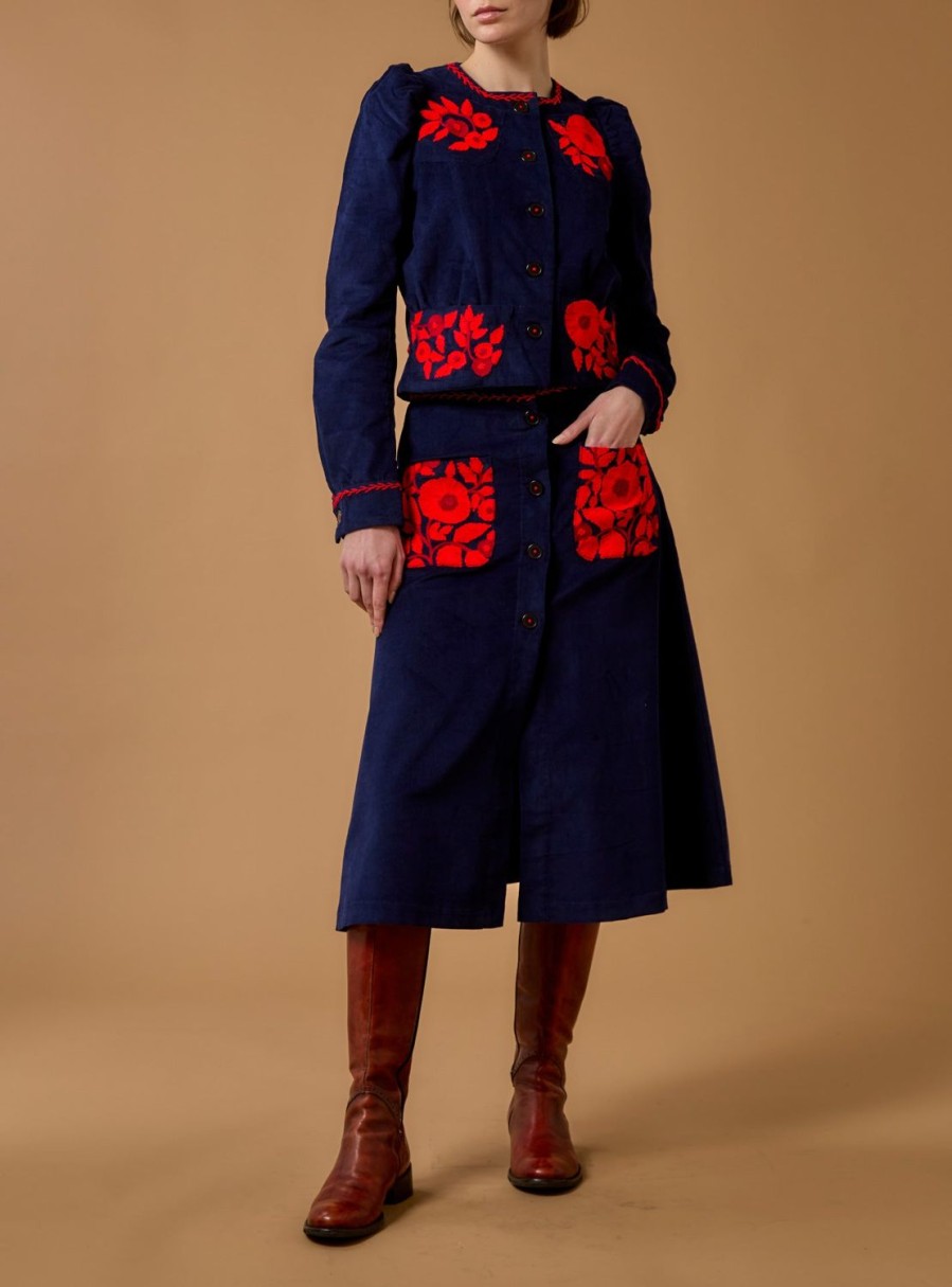 Tops Thierry Colson | Arabella Jacket - Embroidered Corduroy Navy / Red