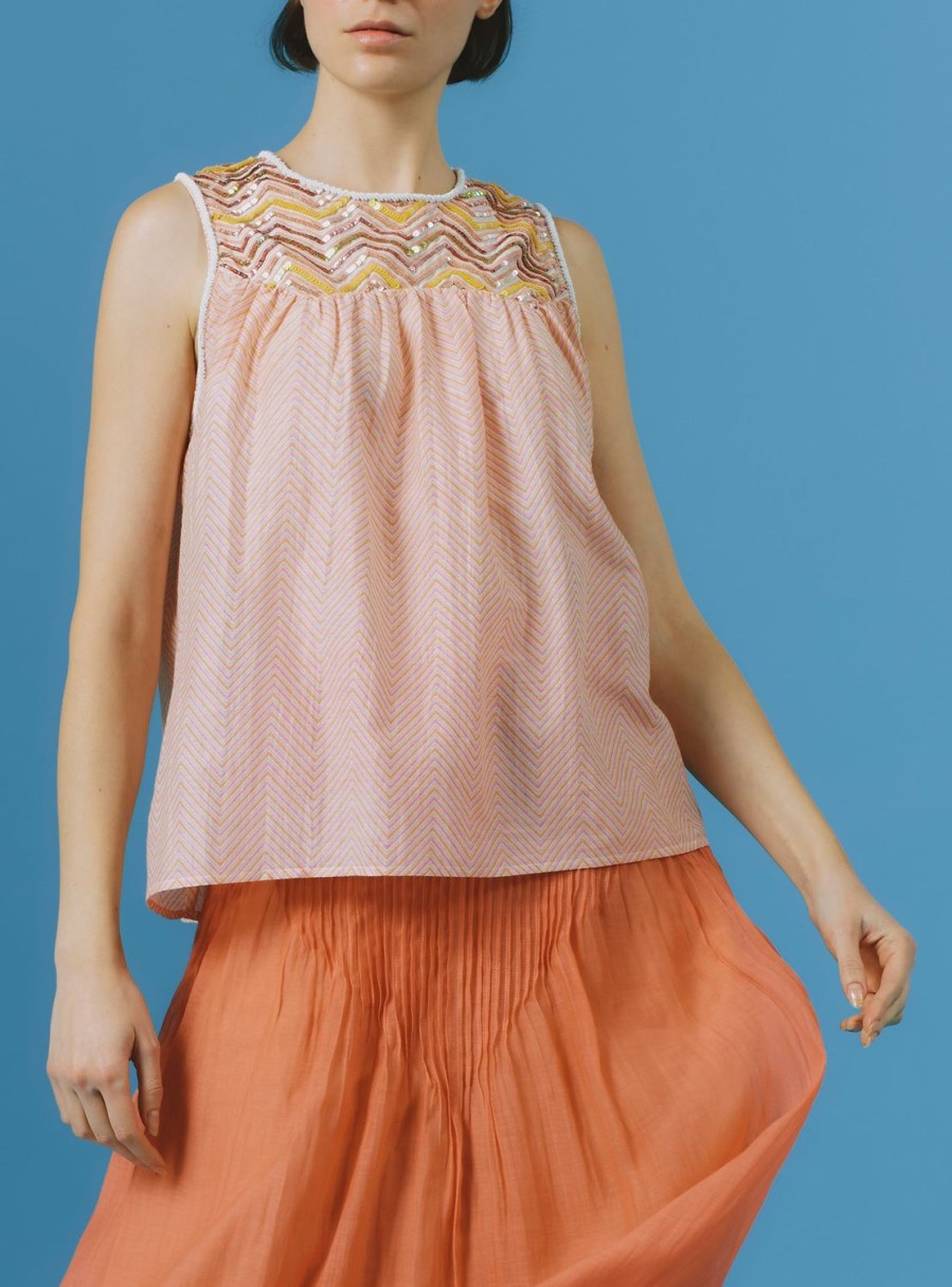 Tops Thierry Colson | Zuned Top - Glitter Zig-Zag Embroidery - Pink