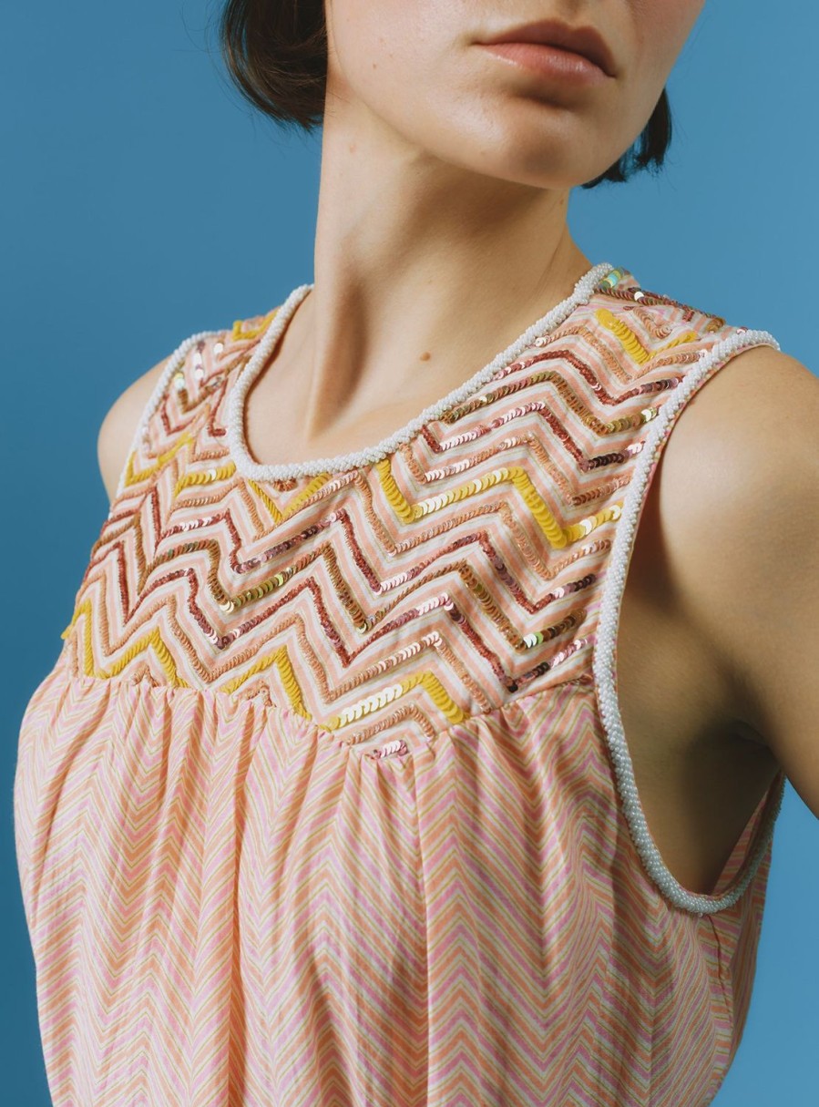 Tops Thierry Colson | Zuned Top - Glitter Zig-Zag Embroidery - Pink