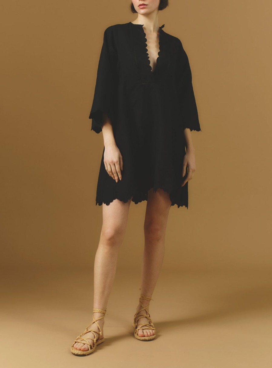 Dresses Thierry Colson | Rachel Mini Kaftan - Barocco Scallops Black