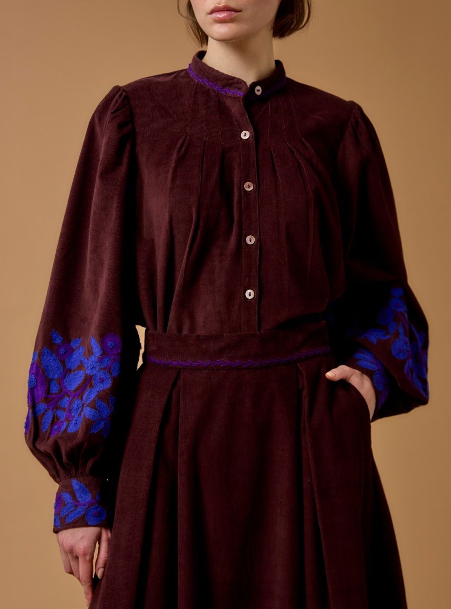 Tops Thierry Colson | Yana Blouse - Embroidered Corduroy - Chocolate/Cobalt & Purple Chocolate / Cobalt & Purple