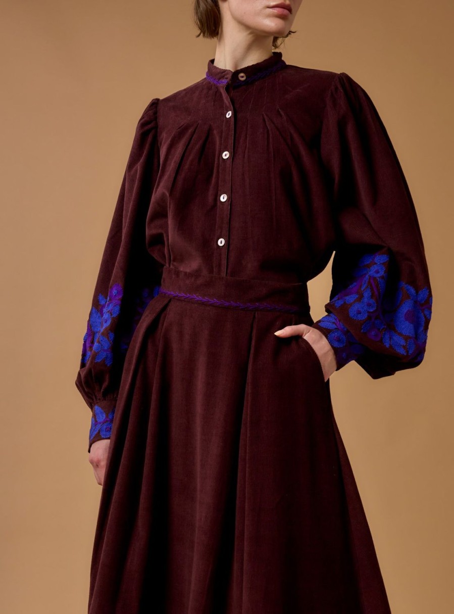 Tops Thierry Colson | Yana Blouse - Embroidered Corduroy - Chocolate/Cobalt & Purple Chocolate / Cobalt & Purple