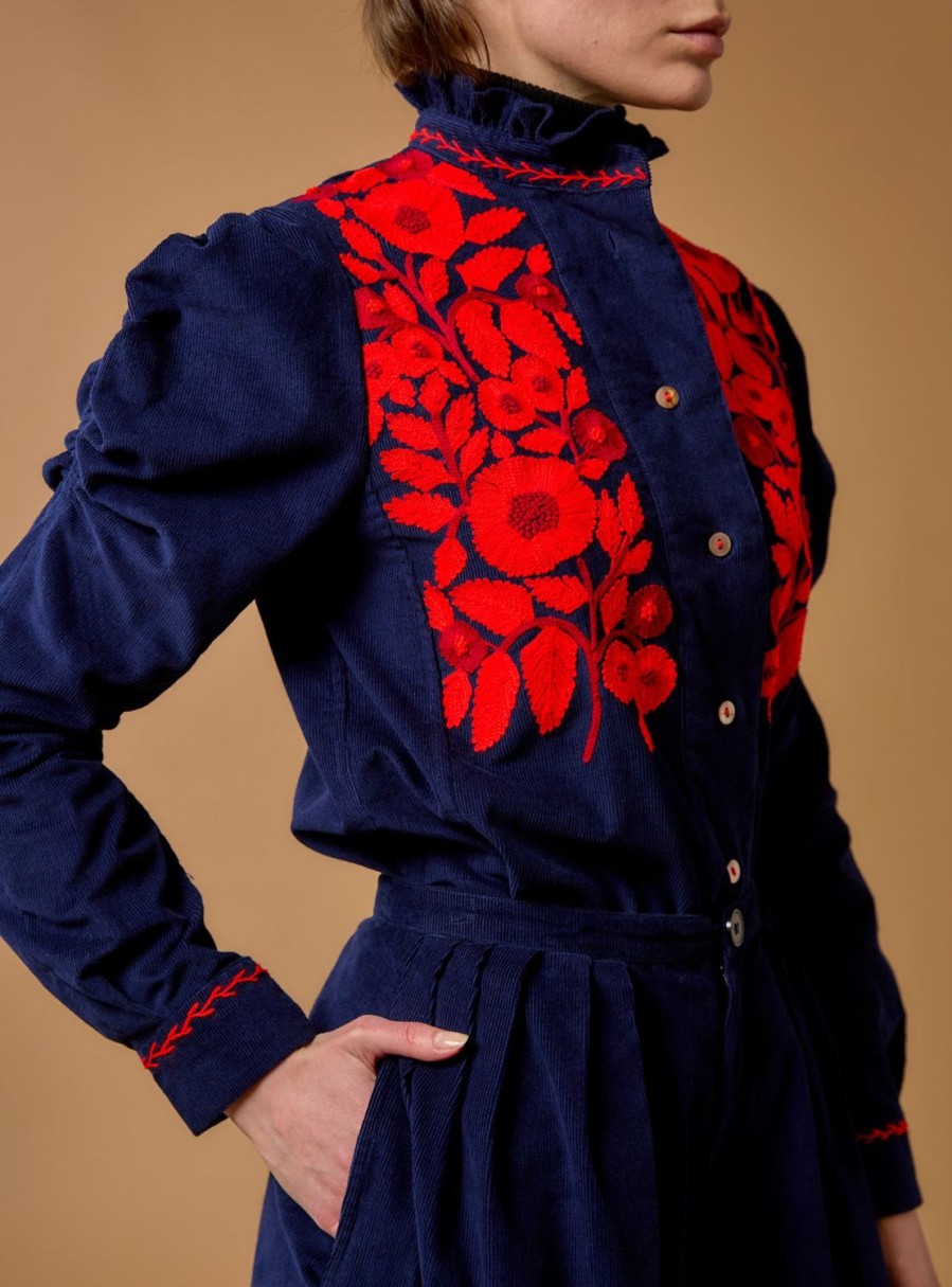 Tops Thierry Colson | Wind Blouse - Embroidered Corduroy Navy / Red