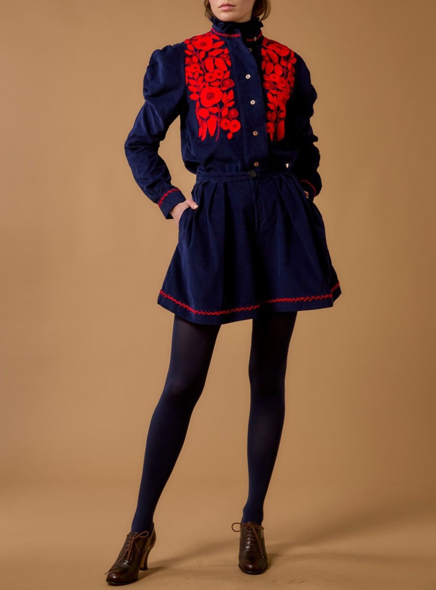 Tops Thierry Colson | Wind Blouse - Embroidered Corduroy Navy / Red