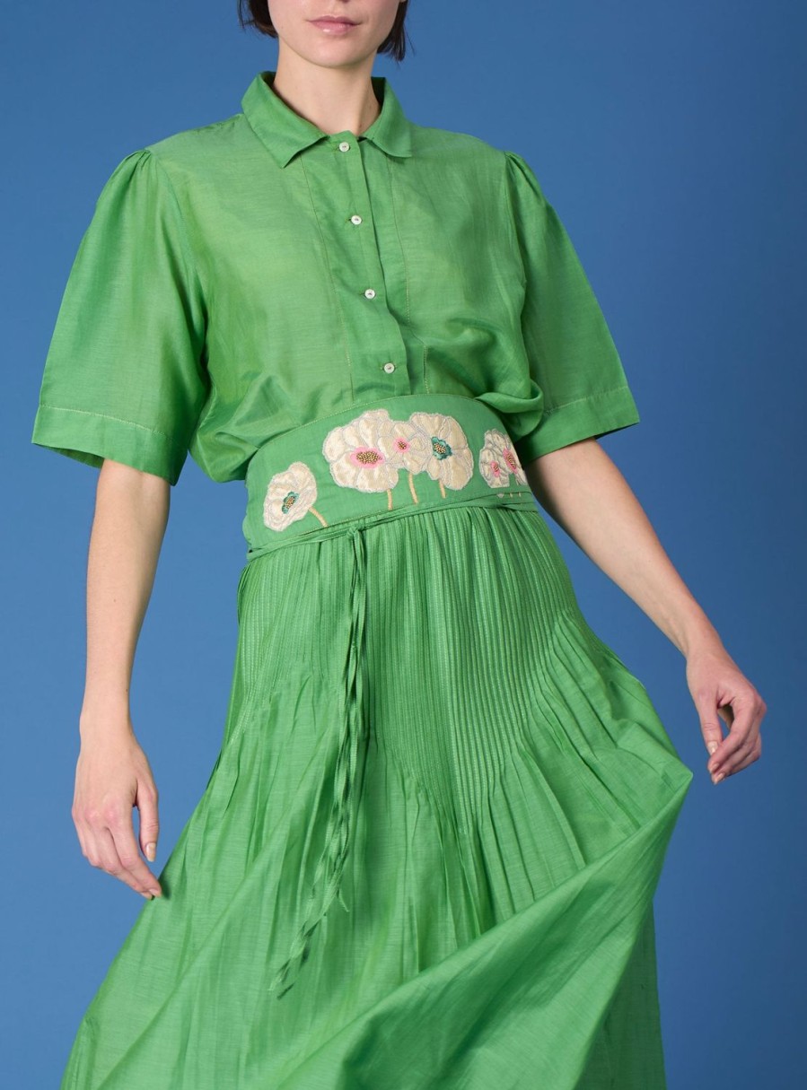 Skirts Thierry Colson | Verde Skirt & Obi Belt - Gipsy Embroidery Veridian Green