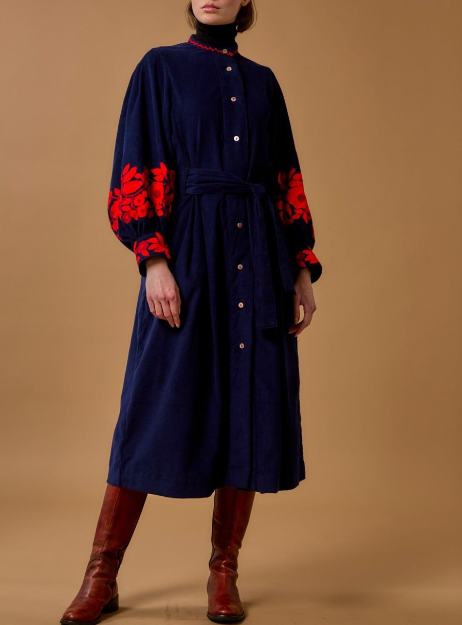 Dresses Thierry Colson | Yvonne Midi Dress - Embroidered Corduroy - Navy/Red