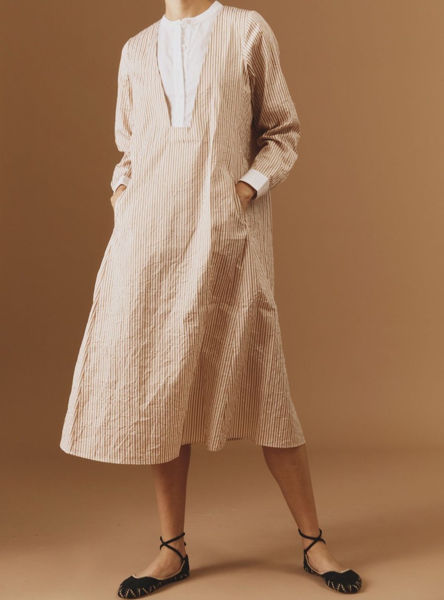 Dresses Thierry Colson | Victoria Midi Crinkle Satin Kaftan - Cappuccino