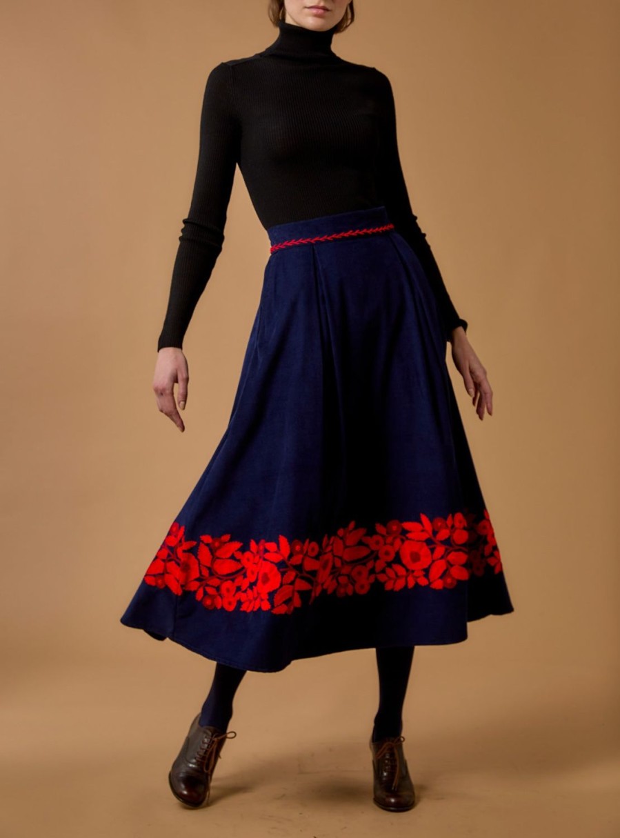 Skirts Thierry Colson | Wynona Skirt - Embroidered Corduroy Navy / Red