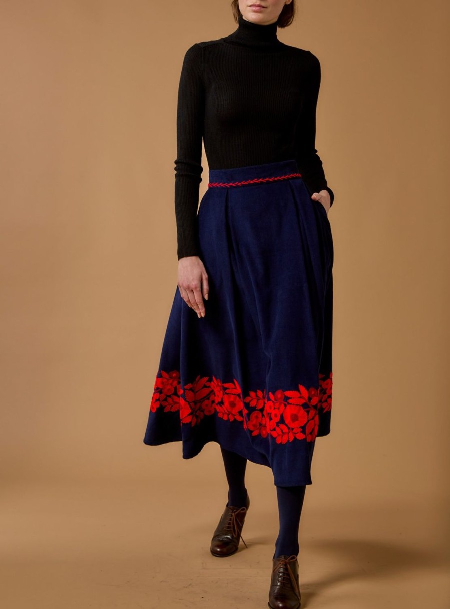 Skirts Thierry Colson | Wynona Skirt - Embroidered Corduroy Navy / Red