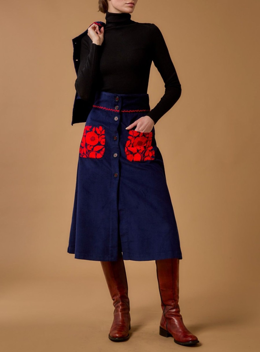 Skirts Thierry Colson | Yardley Skirt - Embroidered Corduroy Navy / Red