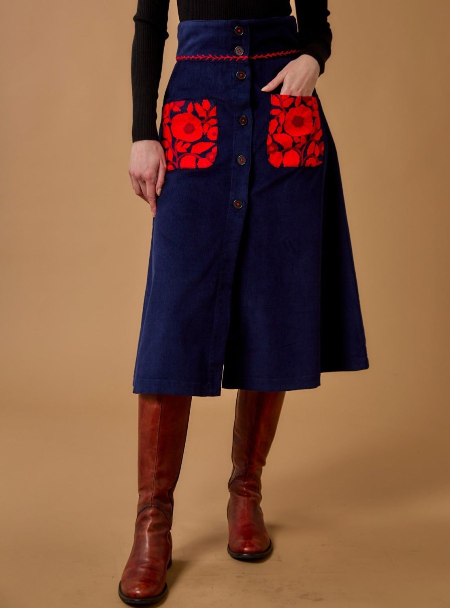 Skirts Thierry Colson | Yardley Skirt - Embroidered Corduroy Navy / Red