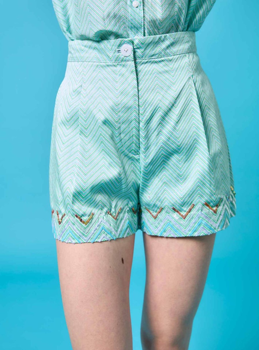 Trousers & Shorts Thierry Colson | Walt Shorts - Glitter Zig Zag Embroidery - Mint