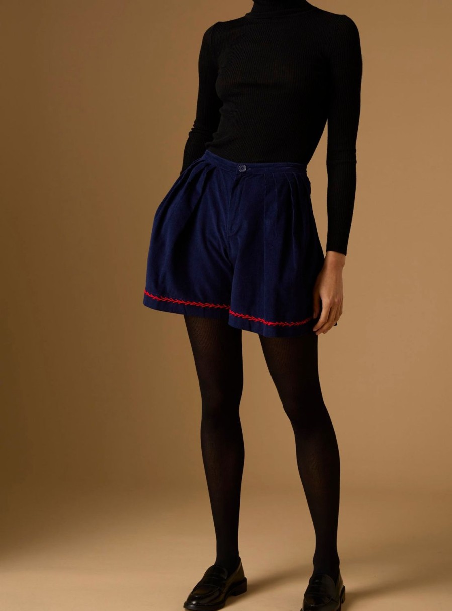 Trousers & Shorts Thierry Colson | Kenya Short - Embroidered Corduroy Navy