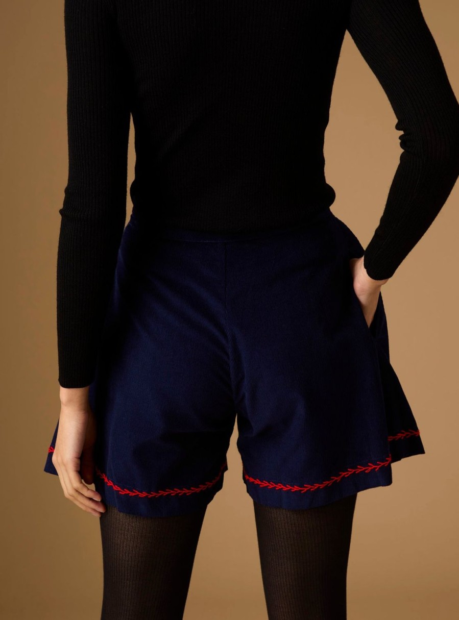 Trousers & Shorts Thierry Colson | Kenya Short - Embroidered Corduroy Navy