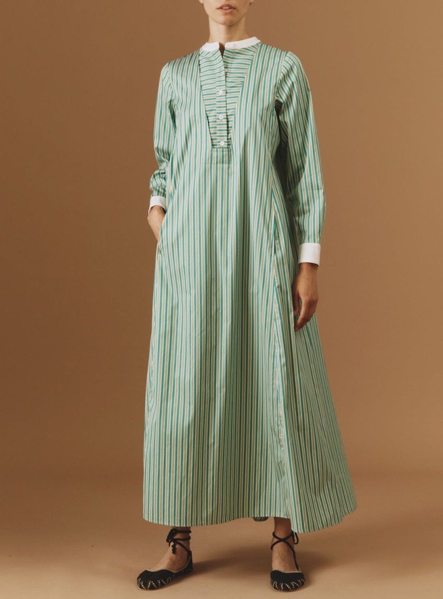 Dresses Thierry Colson | Victoria Long Mayfair Stripes - Green / Pea Green / White