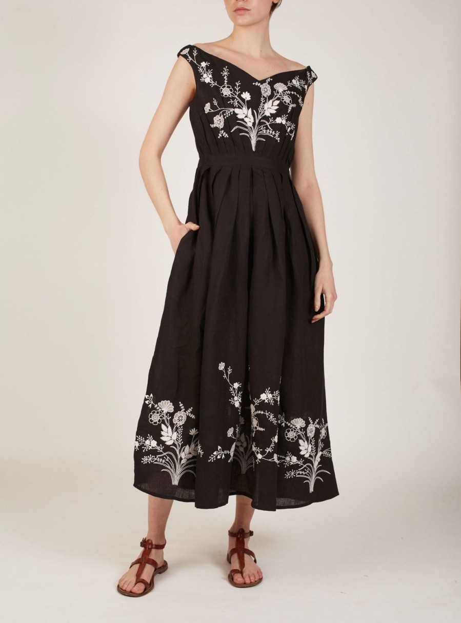 Dresses Thierry Colson | Valeria Dress - Floral Lace Embroidery White On Black