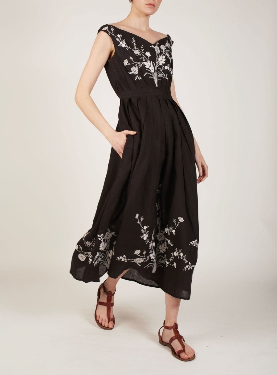 Dresses Thierry Colson | Valeria Dress - Floral Lace Embroidery White On Black