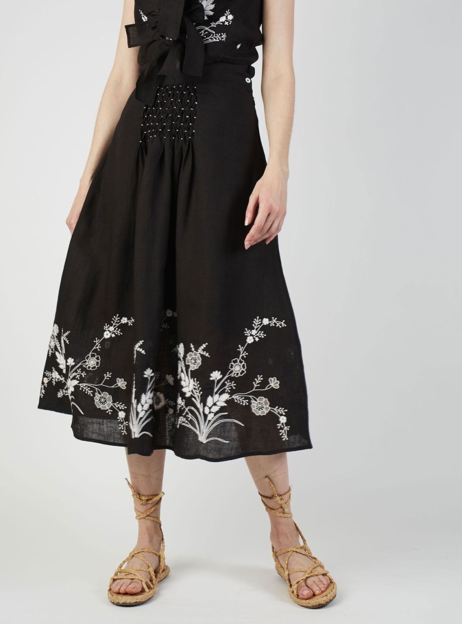 Skirts Thierry Colson | Yulia Linen Skirt - Floral Lace Embroidery Black & White