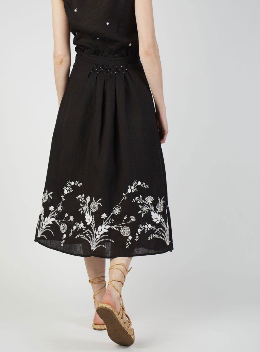 Skirts Thierry Colson | Yulia Linen Skirt - Floral Lace Embroidery Black & White