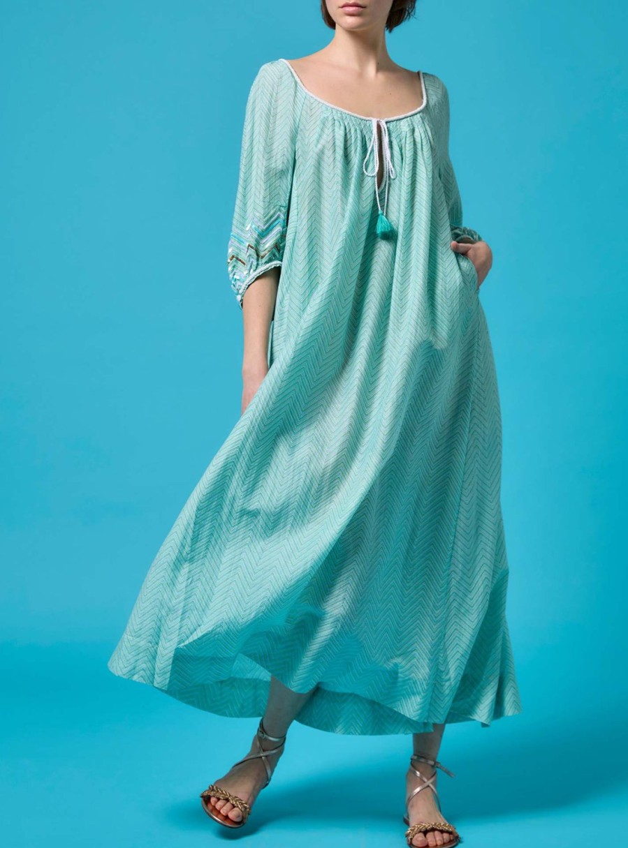 Dresses Thierry Colson | Eva Midi Dress - Glitter Zig Zag Embroidery Mint