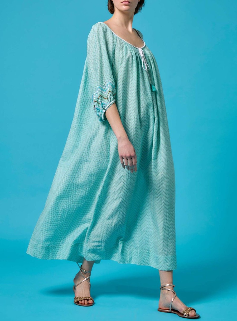 Dresses Thierry Colson | Eva Midi Dress - Glitter Zig Zag Embroidery Mint