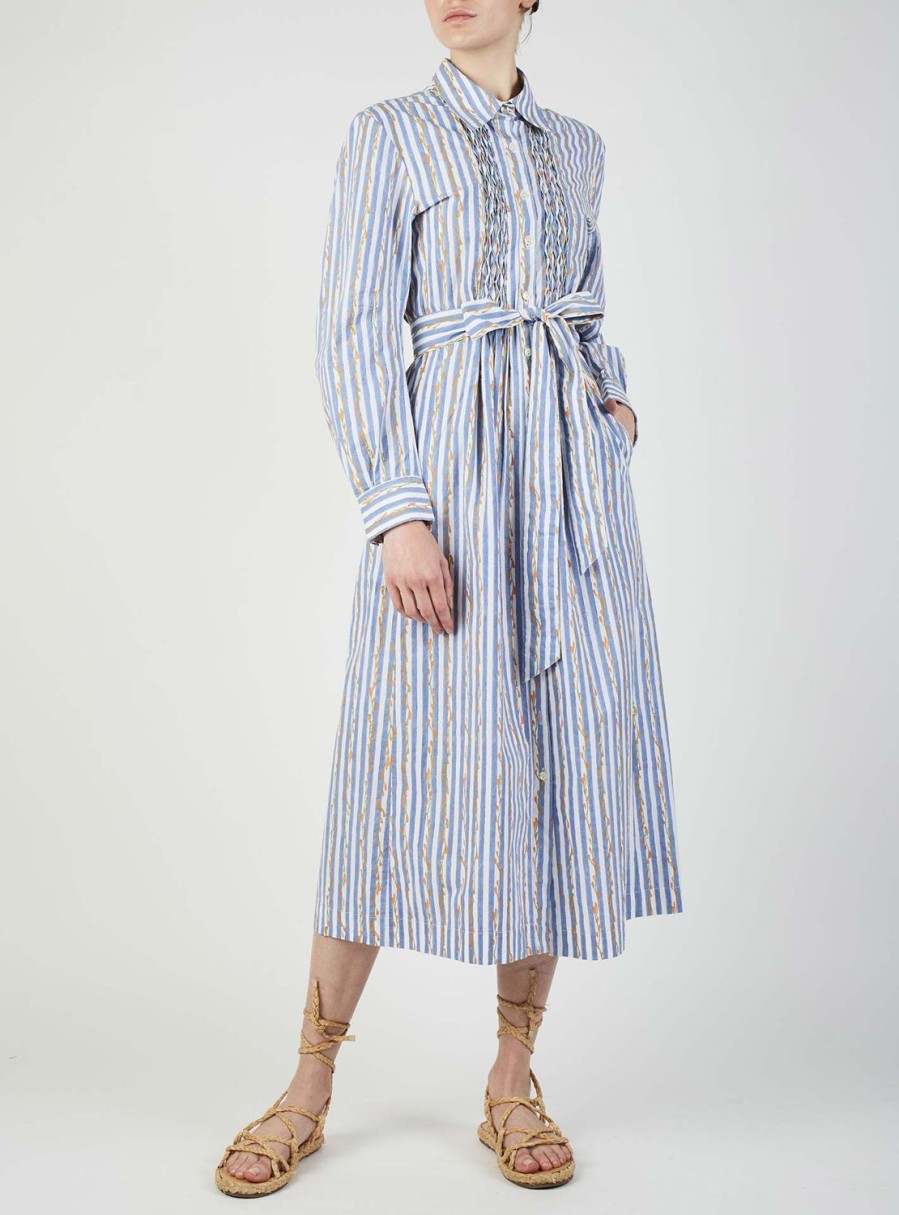 Dresses Thierry Colson | Wilda Poplin Shirt Dress - Floral Stripes Blue & Orange