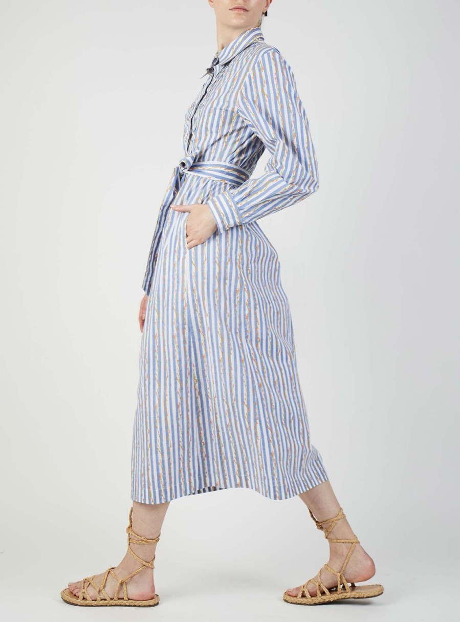 Dresses Thierry Colson | Wilda Poplin Shirt Dress - Floral Stripes Blue & Orange