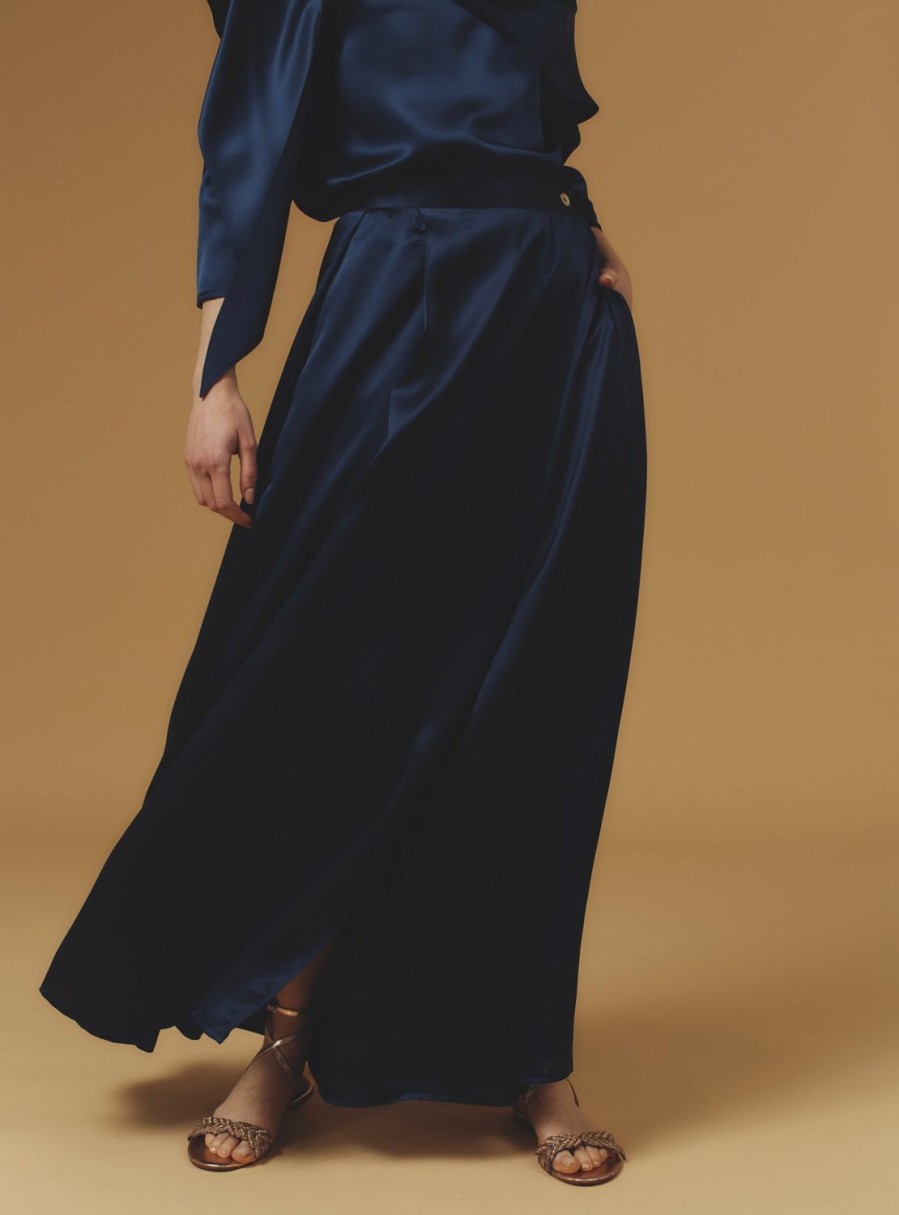 Skirts Thierry Colson | Silvana Skirt Long - Silk Night Blue