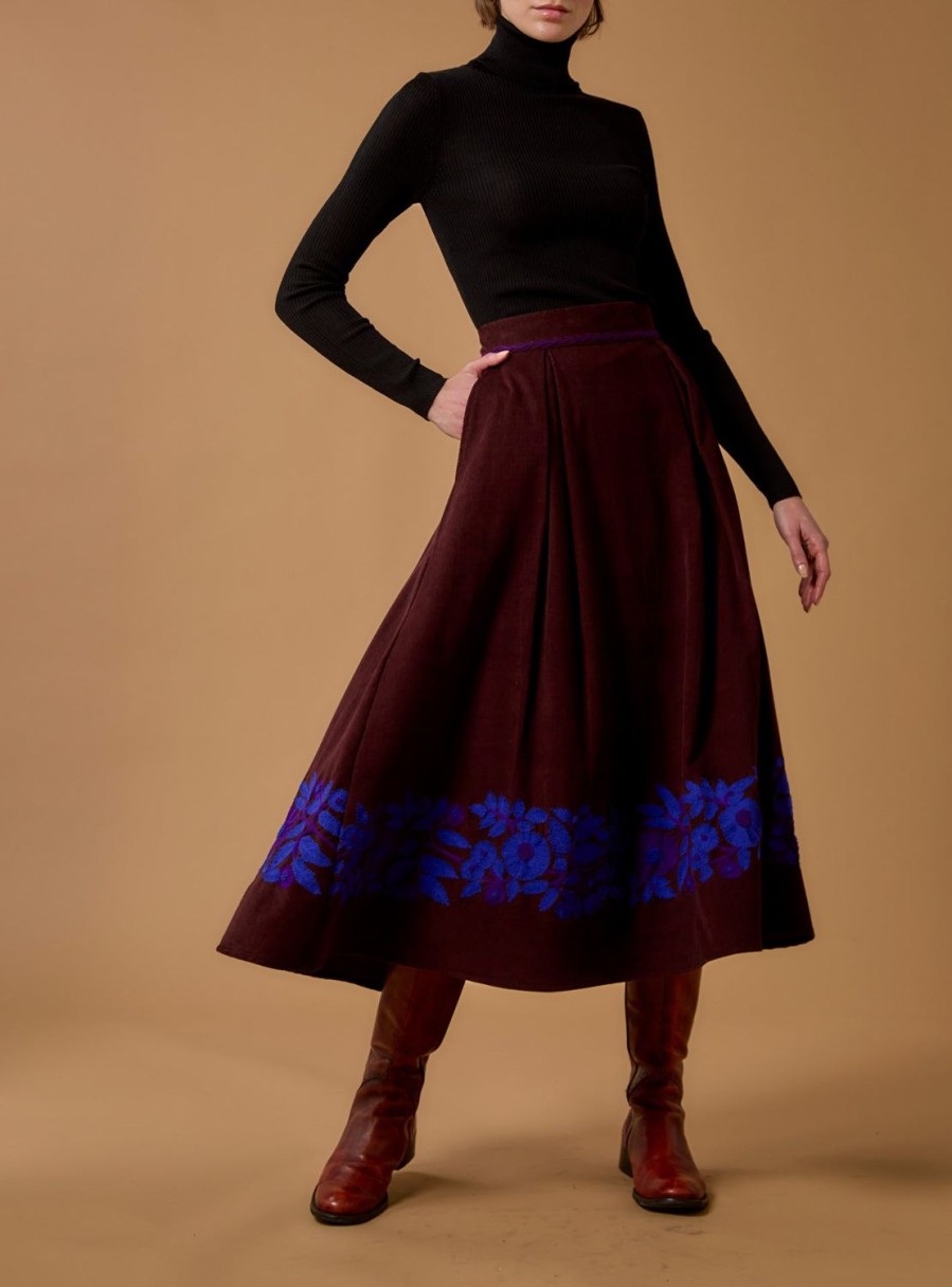 Skirts Thierry Colson | Wynona Skirt - Embroidered Corduroy Chocolate / Cobalt & Purple