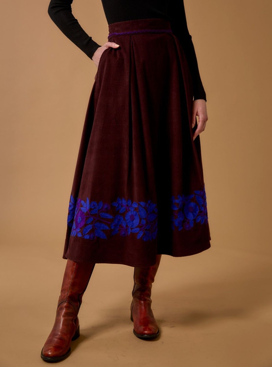 Skirts Thierry Colson | Wynona Skirt - Embroidered Corduroy Chocolate / Cobalt & Purple