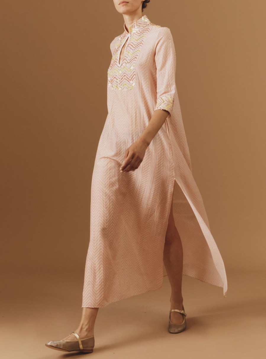 Dresses Thierry Colson | Angelica Stand-Up Collar Long Dress - Glitter Zig-Zag Embroidery Pink