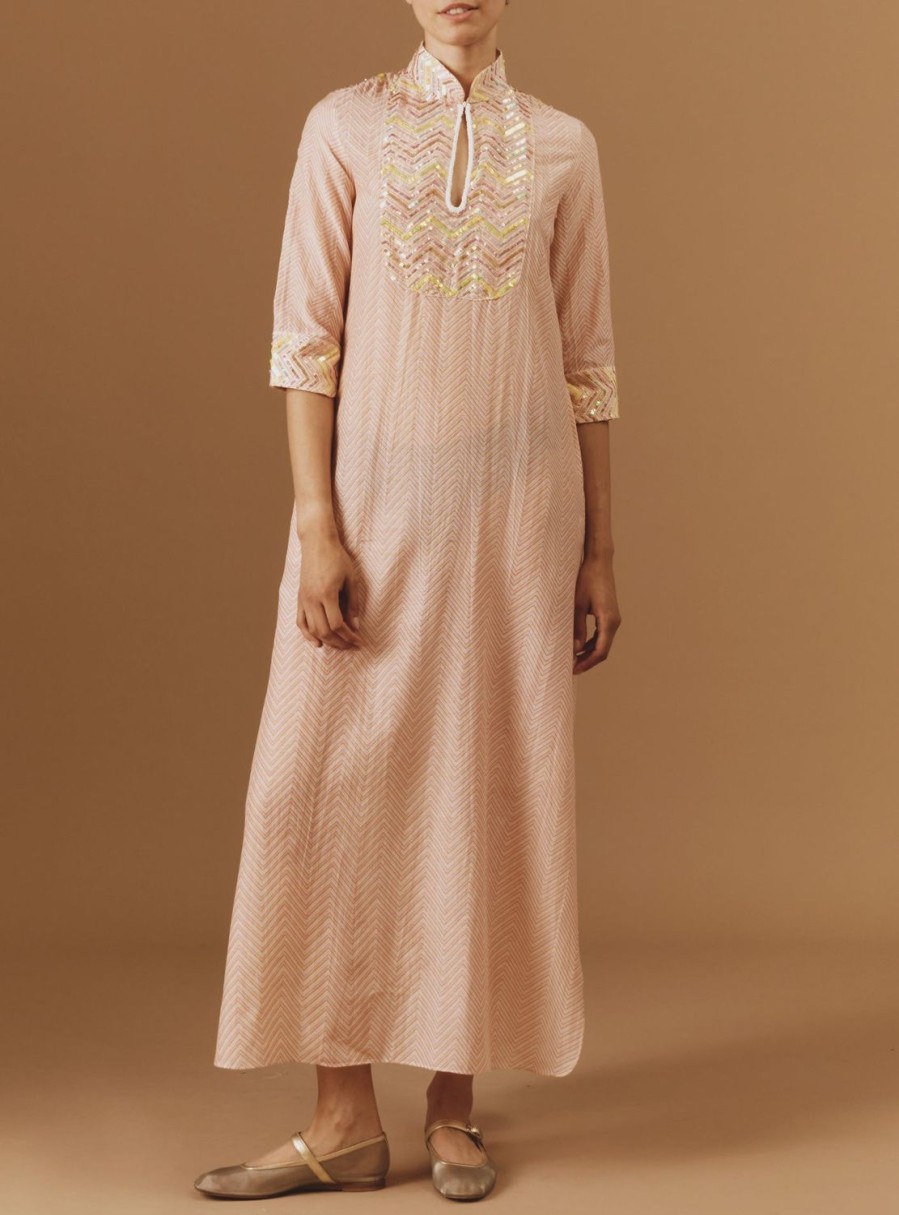 Dresses Thierry Colson | Angelica Stand-Up Collar Long Dress - Glitter Zig-Zag Embroidery Pink