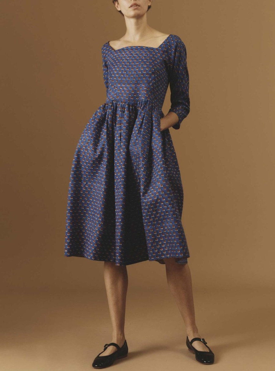 Dresses Thierry Colson | Amalia Linen Dress - Provencal Mignardises Cobalt / Rusty Orange