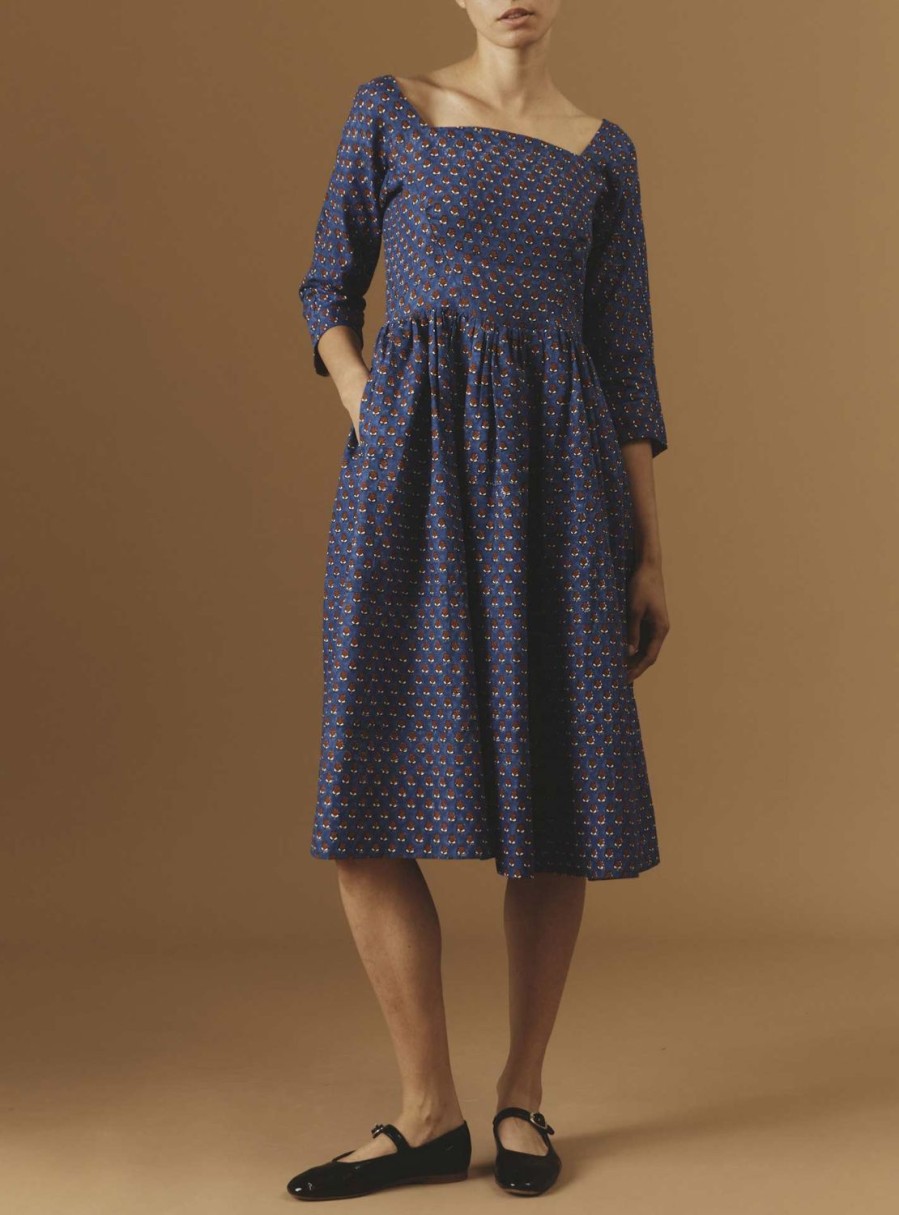 Dresses Thierry Colson | Amalia Linen Dress - Provencal Mignardises Cobalt / Rusty Orange