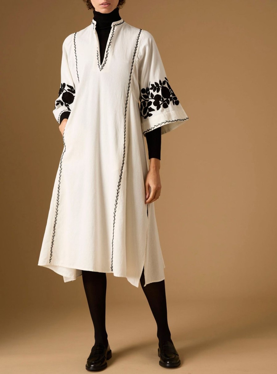 Dresses Thierry Colson | Rachel Midi Kaftan - Embroidered Corduroy Cream / Black