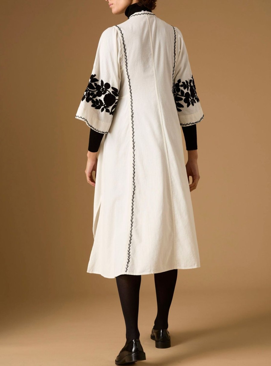 Dresses Thierry Colson | Rachel Midi Kaftan - Embroidered Corduroy Cream / Black