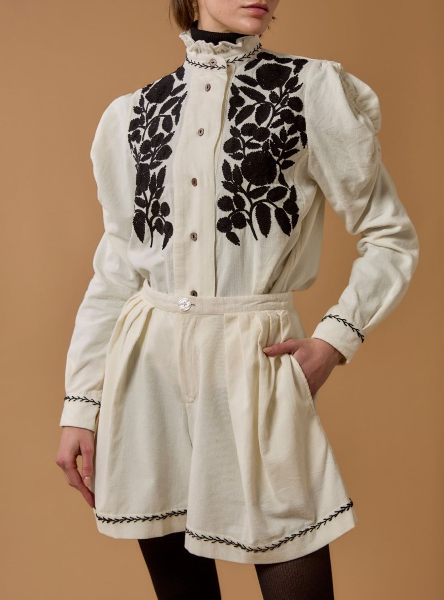 Tops Thierry Colson | Wind Blouse - Embroidered Corduroy - Cream/Black Cream / Black