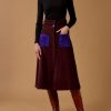 Skirts Thierry Colson | Yardley Skirt - Embroidered Corduroy Chocolate / Cobalt & Purple