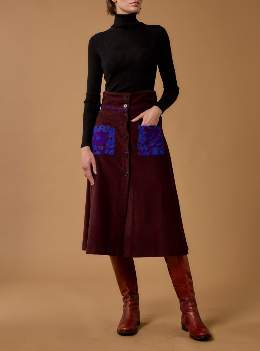 Skirts Thierry Colson | Yardley Skirt - Embroidered Corduroy Chocolate / Cobalt & Purple