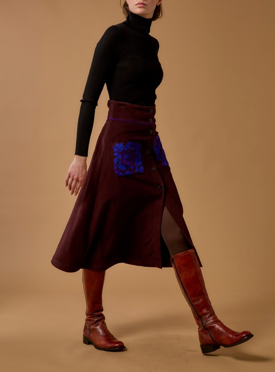 Skirts Thierry Colson | Yardley Skirt - Embroidered Corduroy Chocolate / Cobalt & Purple